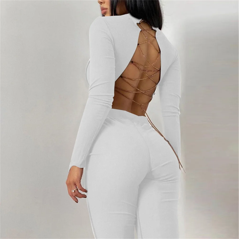 

GREYGEM Casual Sport Set Women Sexy Backless Long Sleeve Crop Top with Chain and Wide Leg Pants Fashion Tracksuit Sweat Suits