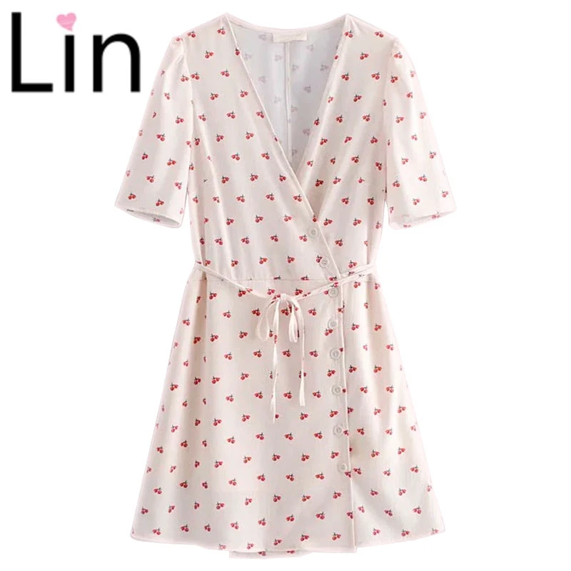 Lin/винтажное летнее платье с короткими рукавами короткое белое принтом вишни