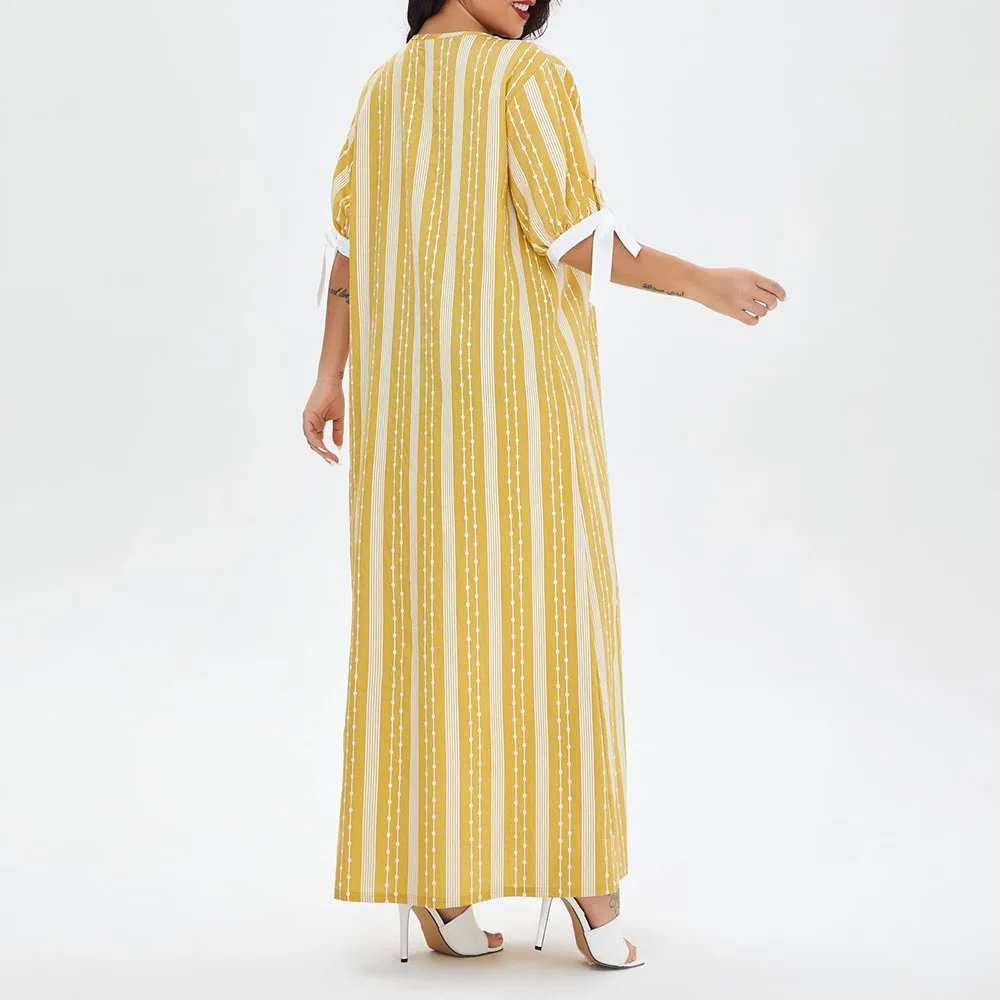 

2021 Ladies Dress Muslim Robe Oversize Indie Spring Summer Fashion Loose Casual Simple Stripe Round Neck Summer