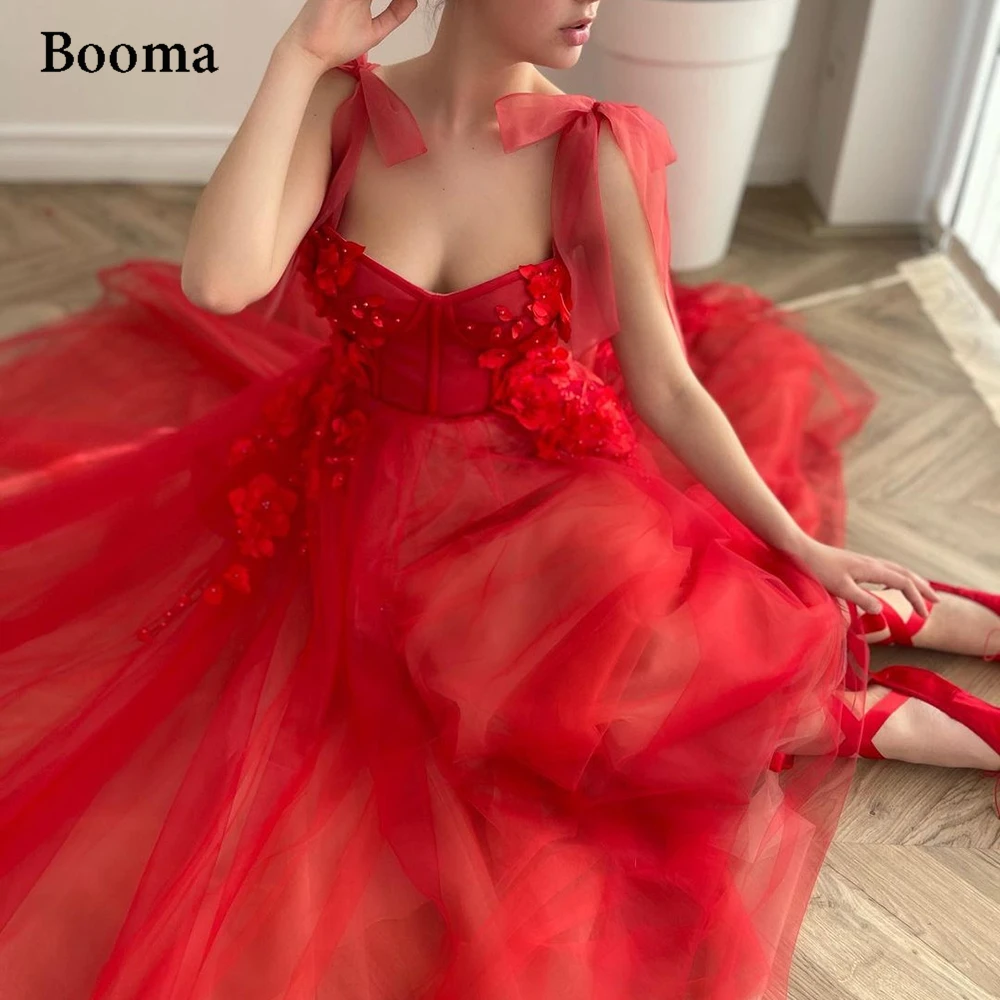 

Booma Red Sweetheart Prom Dresses 2021 Flowers A-Line Tulle Prom Gowns with Pockets Tied Bow Straps Long Wedding Party Dresses