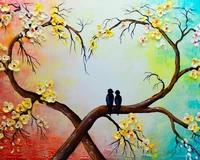 hand painted tree oil painting on canvas yellow white floral painting love bird art for home decoration wedding gift