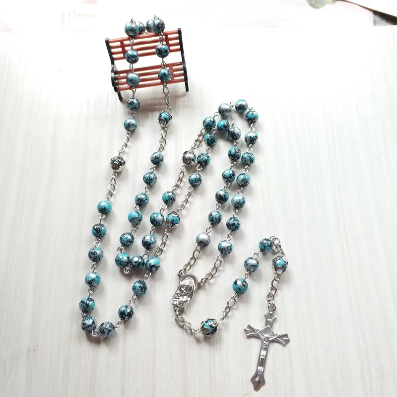 Ожерелье QIGO с зеленым акриловым длинным кулоном религиозный крест Розария