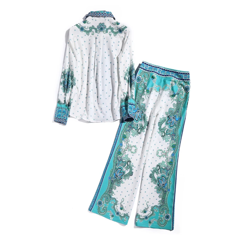 

Designer Autumn New Single-Breasted Shirt Elegant Chic Casual Flared Pants Trousers Vintage Print Fashion Women'S Two Piece Sets