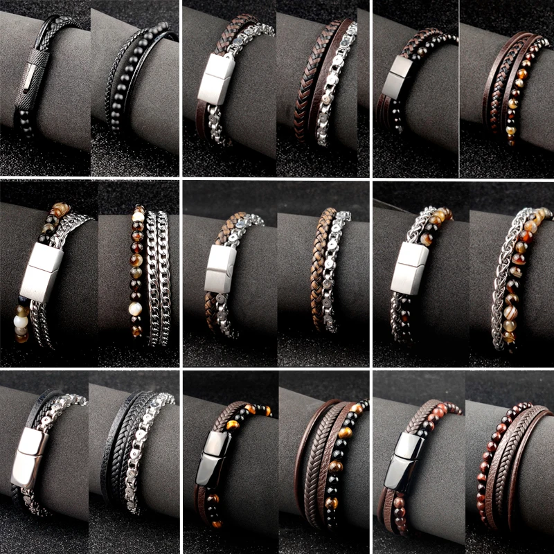 Boho Jewelry Beads Leather Charm Bracelet for Men Women Stainless Steel Natural Stone Rosary love Bangle Gift Wholesal | Украшения и