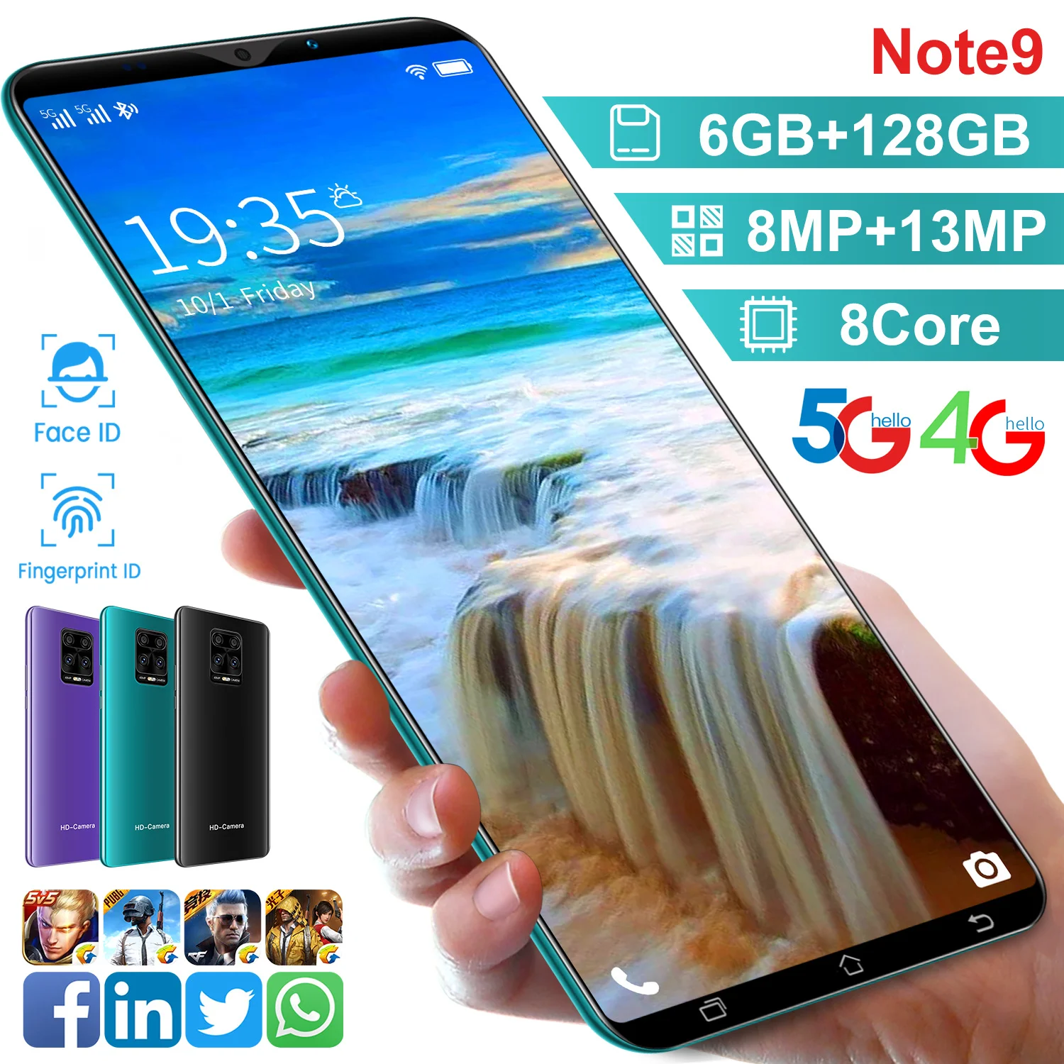 

Note9 Smart phone 5.0 inch ScreenFour Cameras Android 10 Dual SIM Card Telephone 4800mAH Battery 6GB RAM+128GB ROM Type C Phone