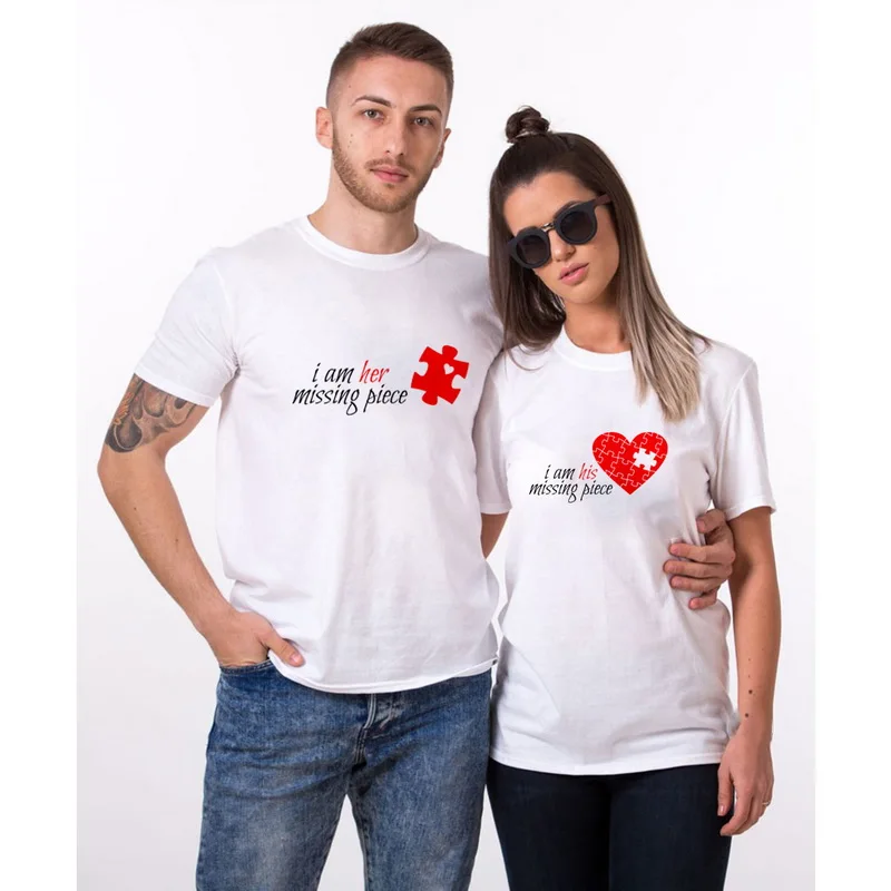

I Am Her Missing Piece & I Am His Missing Piece Couple TShirt for Lovers Husband Wife Harajuku Matching Shirt Valentine Day Gift
