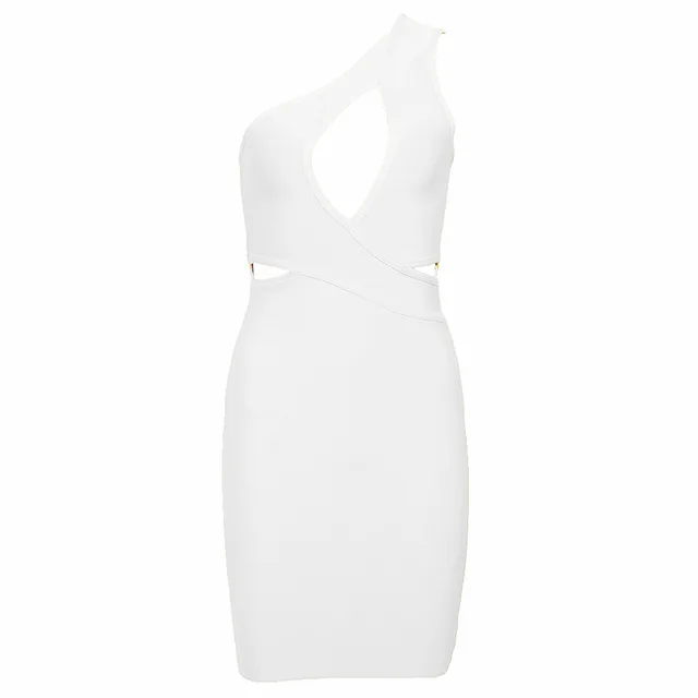 Amily.c Summer New High Quality Sexy Shoulder Mini Yellow Hollow Bandage Dress Club Designer Fashion Party Dress Wholesale - Color: White