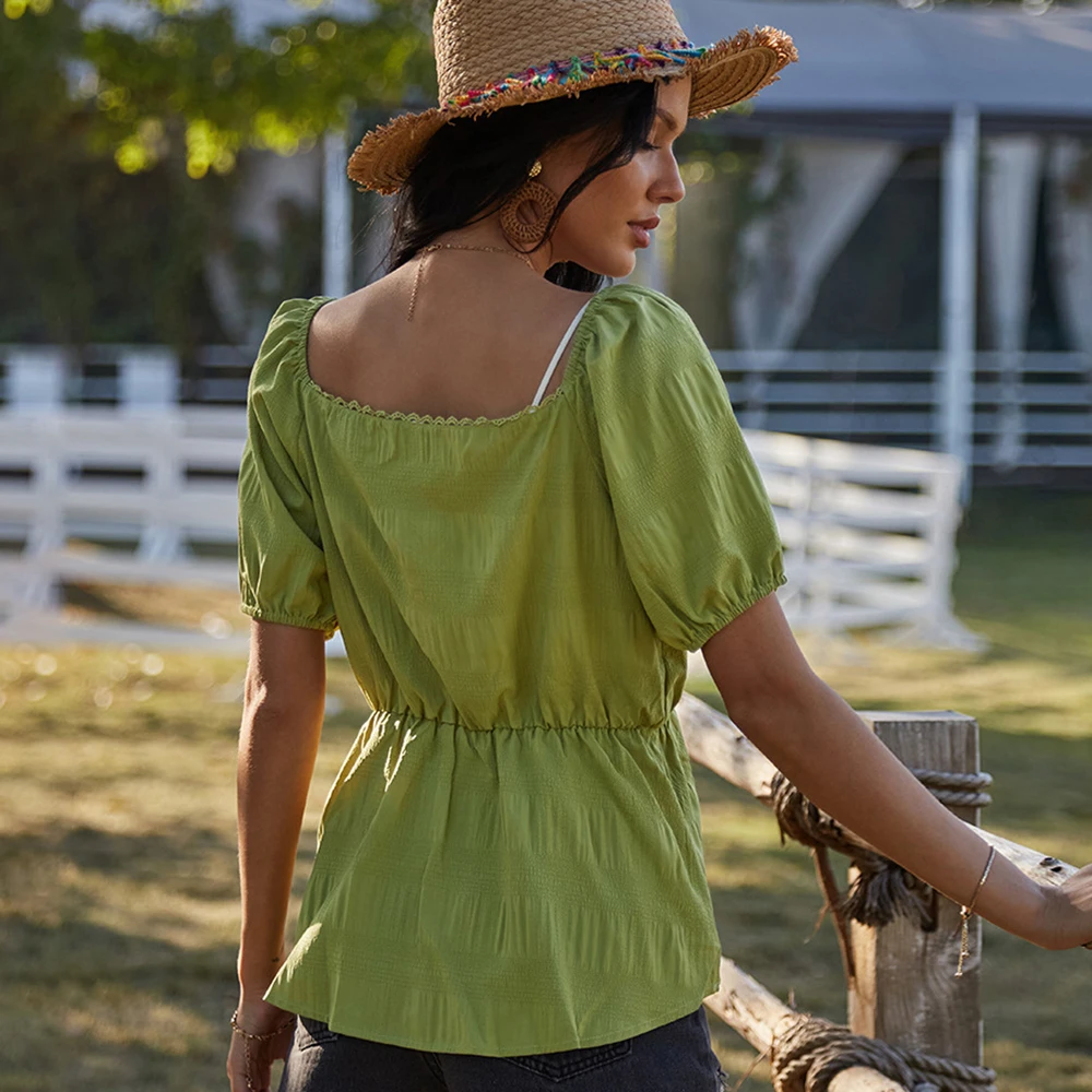 

Ruched T Shirt Women 2021 Summer Clothes Puff Sleeve V Neck Ladies Casual Solid Color Patchwork Vintage Pullovers And Tops