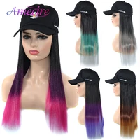 synthetic long hat wig natural black straight wigs and hat naturally connect synthetic hat wig adjustable high temperature fiber