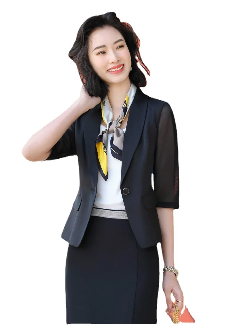 

Korean gauze Chiffon Suit Jacket Women's thin style spring and summer temperament medium sleeve small suit jacket short style