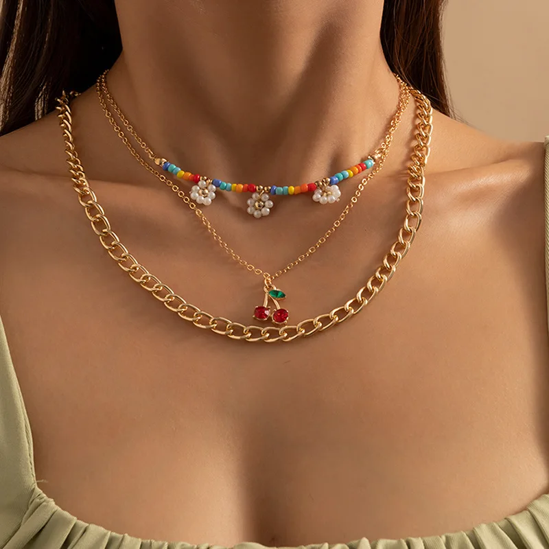 

2021 Bohemia Geometric Small Flower Cherry Pendant Necklaces For Women Girls Party Jewelry Fashion Multilayer Chain Necklace