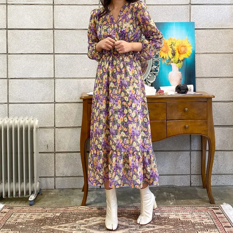 Женское длинное шифоновое платье с цветочным принтом повседневные Элегантные