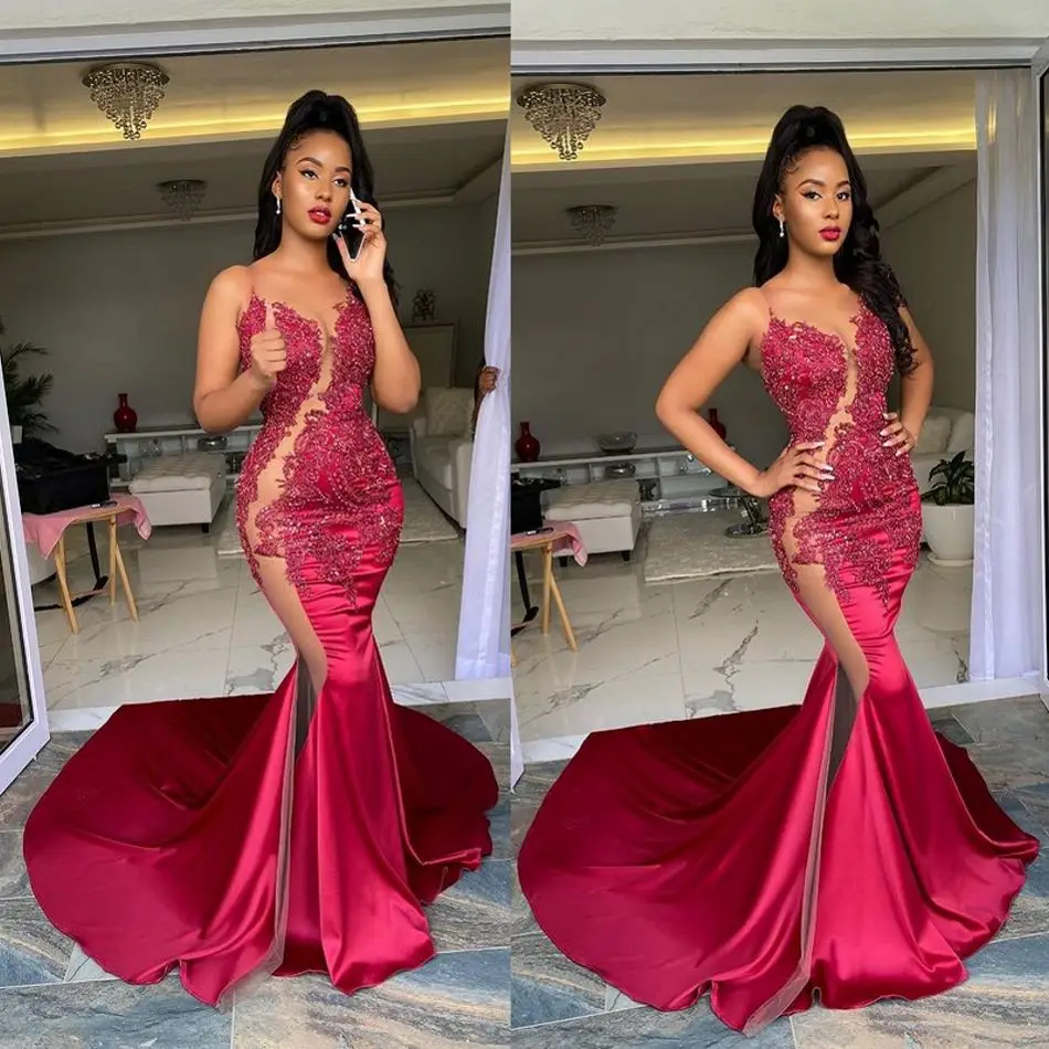 

Сексуальное вечернее платье из шифона Русалка из красные платья для выпускного вечера бисером кружева аппликация атласа развертки поезд Ф...