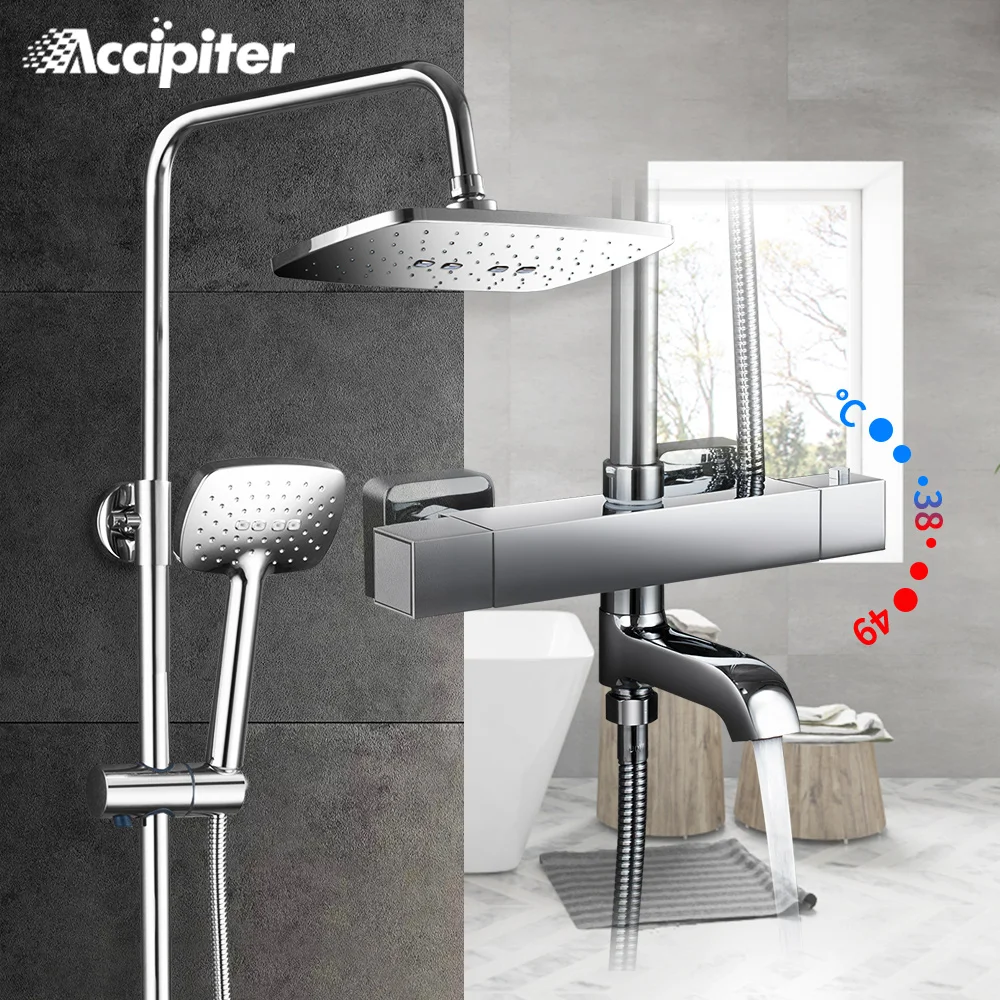 Bathroom Shower Faucets Thermostatic Mixer Rain Shower Set 3 Water Outlet Modes Wall Mounted Bathtub Faucet Chrome thermostatic bathroom shower faucet solid brass bathtub mixer tap chrome finish wall mounted
