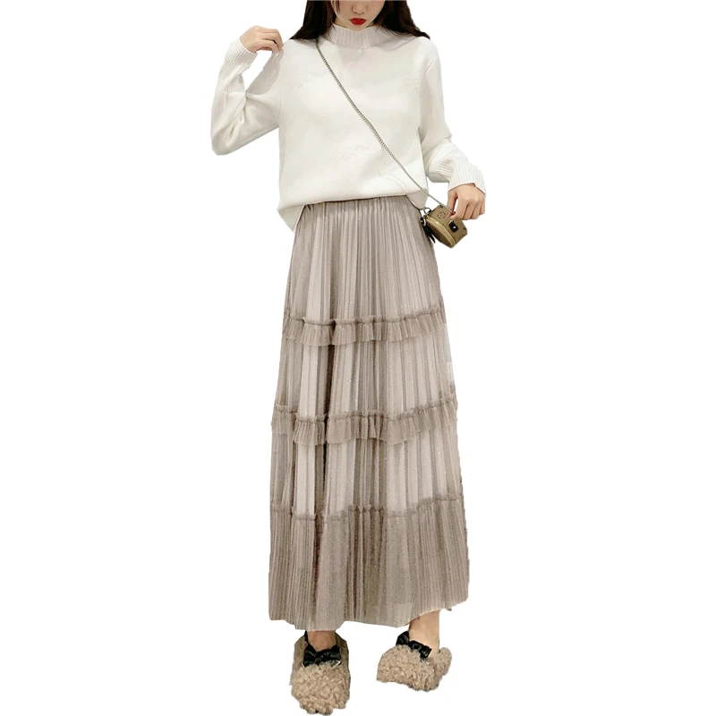 

Casual Women Tulle Layered Pleated Skirt Elastic Waist Mesh A-line Midi Swing Skirt With Ruffles Vintage Ladies Long Skirt