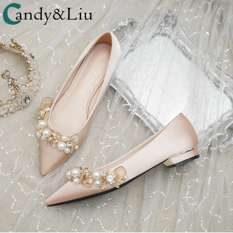 

Lady 2cm Low Heels Wedding Shoes Summer Flowers Pearls Dress Wear 2021 New Bride Flat Shoes Pregnant Women Cute Shoes