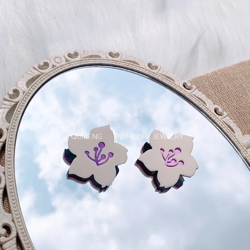

QUMENG 925 Silver Flowers Pink and White Girl Child Earrings Women Simple Fashion Acrylic double layer Jewelry Accessories Gift
