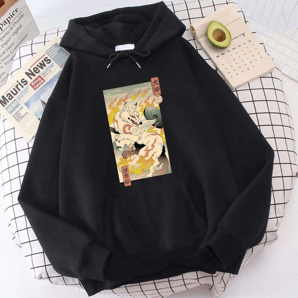

Hot Sale Thermal Vintage Men Sweatshirt Great God Wolf Ukiyoe Printing Sportwear Soft Brand Male Hoodie Oversized Loose Hoodies