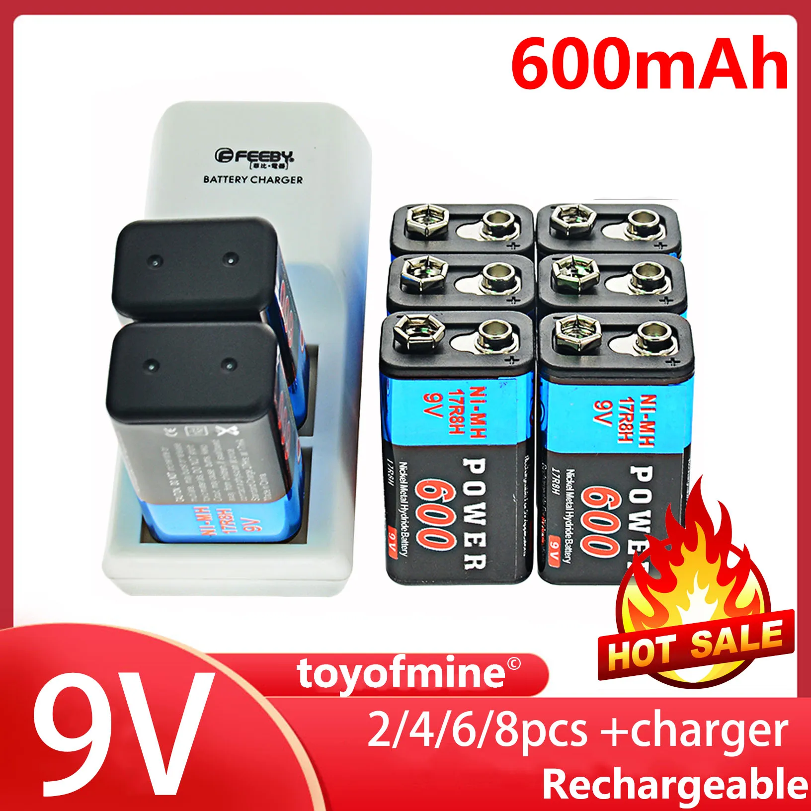 

2/4/6/8pcs 9V 6F22 600mAh NI-MH Rechargeable Battery 9V 9 Volt Charger High Volume US Plug