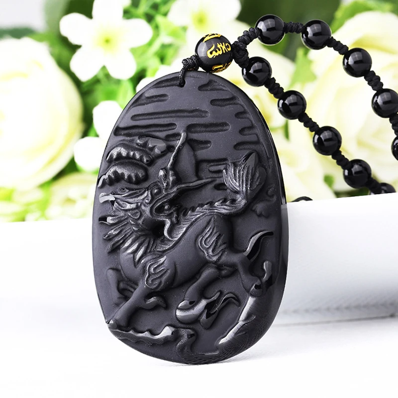 

DROP SHIPPING MEN'S NECKLACE PENDANT NATURAL BLACK OBSIDIAN DRAGON KIRIN PENDANT GIFT FOR MEN WOMEN FINE JADES STONE JEWELRY