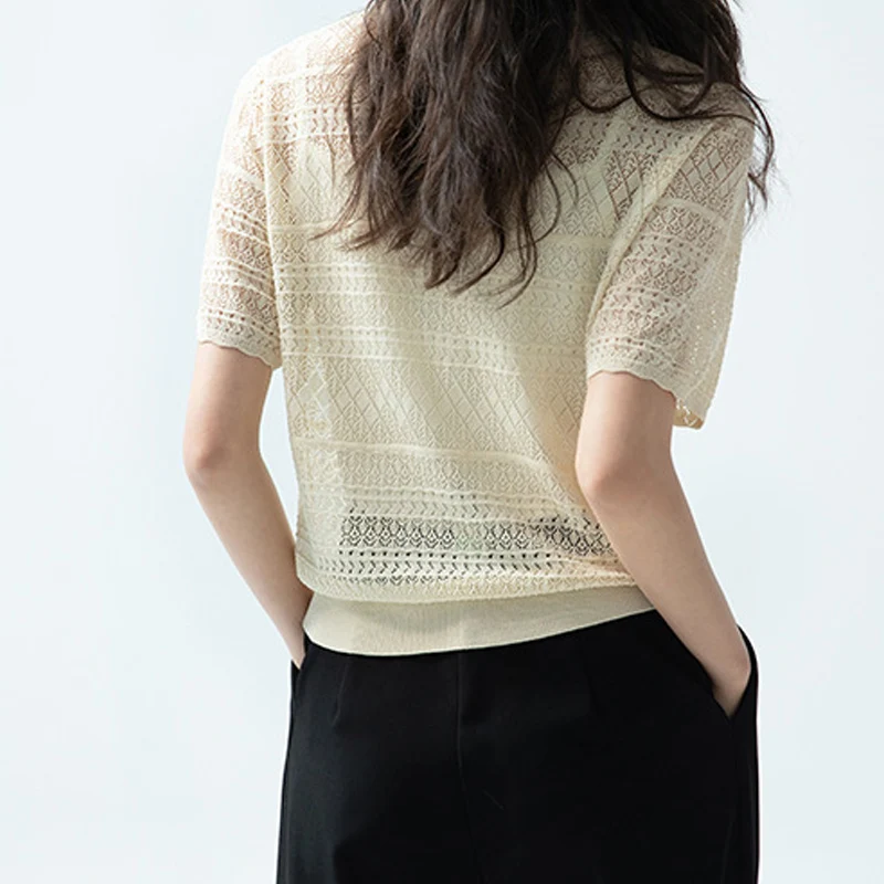 

See-Through T-Shirts Women's Temperament T-Tops Office Lady V-Neck Hollow Out Tees Top Femme Commute Lace Embroidery T-Shirt