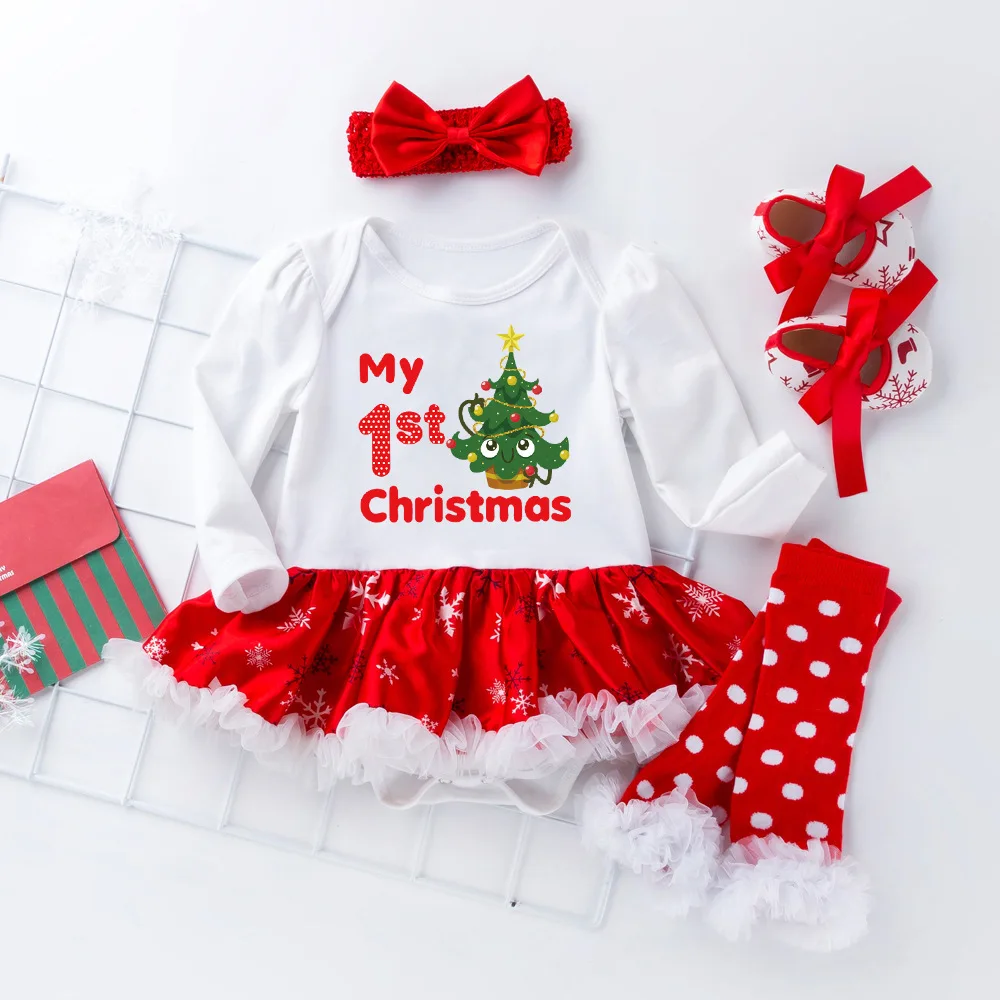 

New 4PCS Xmas Newborn Infant Bodysuit Cute Set Comfortable Soft Baby Girls Clothes Playsuit Pants Bodysuit Outfit Set