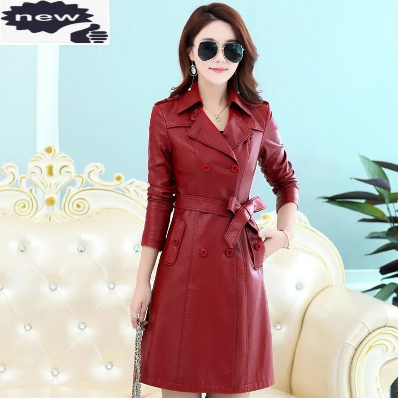 Winter Womens Long Pu Jacket Belt Slim Fit Office Ladies Overcoat Korean Faux Leather Double Breasted Trench Coat 5XL