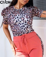 chicme two pieces sweatpants set leopard print colorblock top colorblock drawstring pants set casual women clothing streetwear
