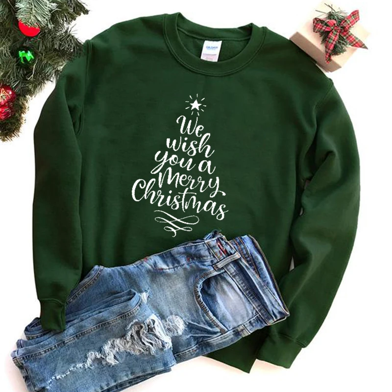 

Мы желаем вам счастливого Рождества смешной печатной рождественской елки Женский свитшот унисекс с круглым вырезом флисовый пуловер свитш...