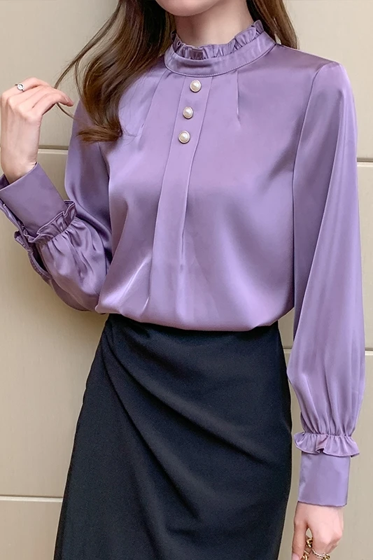 

Houthion Chiffon Slim Women's Blouses Long Sleeve Top Fashion Solid Pearl Shirt New Casual Blouse Spring/autumn
