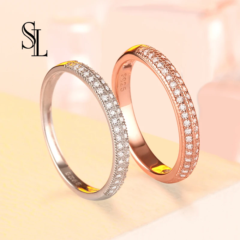 

SL Rose Gold Classic Wedding Band Ring For Womens Gift Authentic Silvr 925 Lady Ring s White Zirconia Fine Jewelry