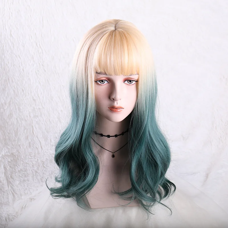 

Green Hair Kawaii Lolita Wig Harajuku Long Straight Fringe Bangs Hair Adult Chic Girls for Women Cosplay Daily Wear Cute Student