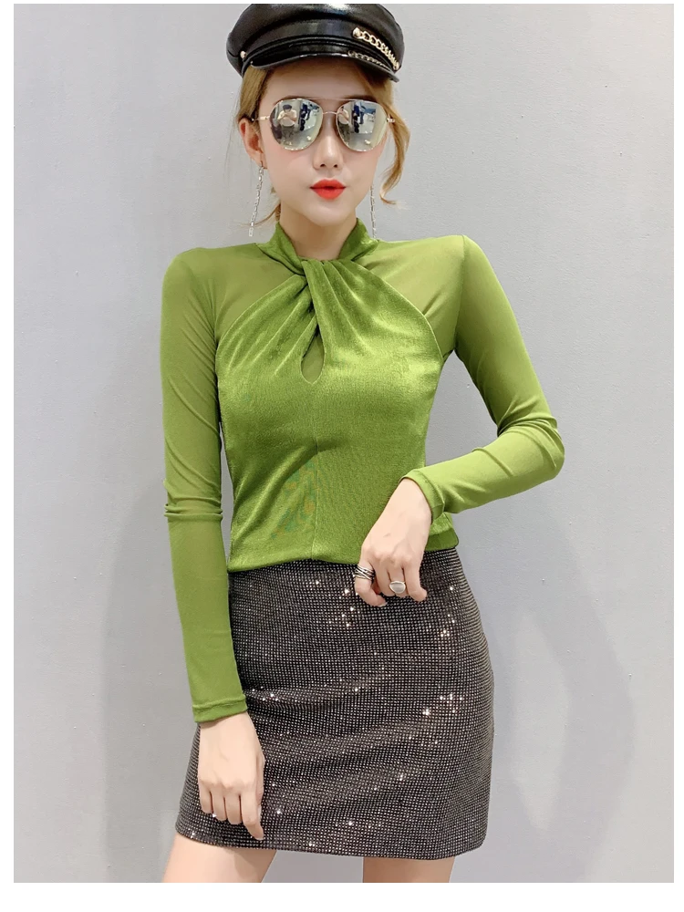 Chemisier Femme, новинка, сетчатая однотонная женская блузка с длинным рукавом, топы, повседневная приталенная рубашка с круглым вырезом, женская одежда, осень 7300 50