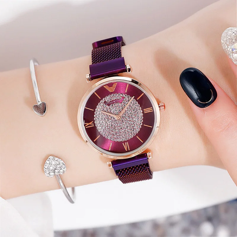 Purple2 Модные женские часы со стразами, кварцевые, Гипсофилы, розовое золото, женские наручные часы, роскошный ремешок, романтические, креативные, Reloj Mujer, Римский циферблат - Цвет: Purple2