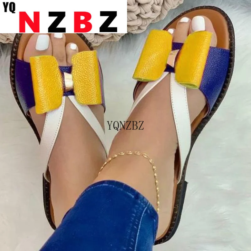 

New Women Shoes 2021 Summer Women Fashion Flat Color Blocking Bowknot Large Size Sandals Slippers PU Beach Outdoor Slides