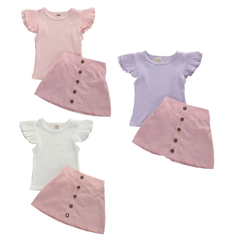 2020 Summer Toddler Baby Girls Clothes Sets Ruffles Sleeveless Vest Tops+Pink A-line Skirts 2pcs Outfits 1-5Y | Мать и ребенок