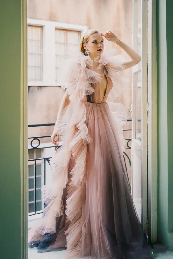 

Sexy Deep V Neck Evening Dress Lush Ruffles Prom Dresses Elegant Formal Party Gowns robe de soiree abendkleider Custom
