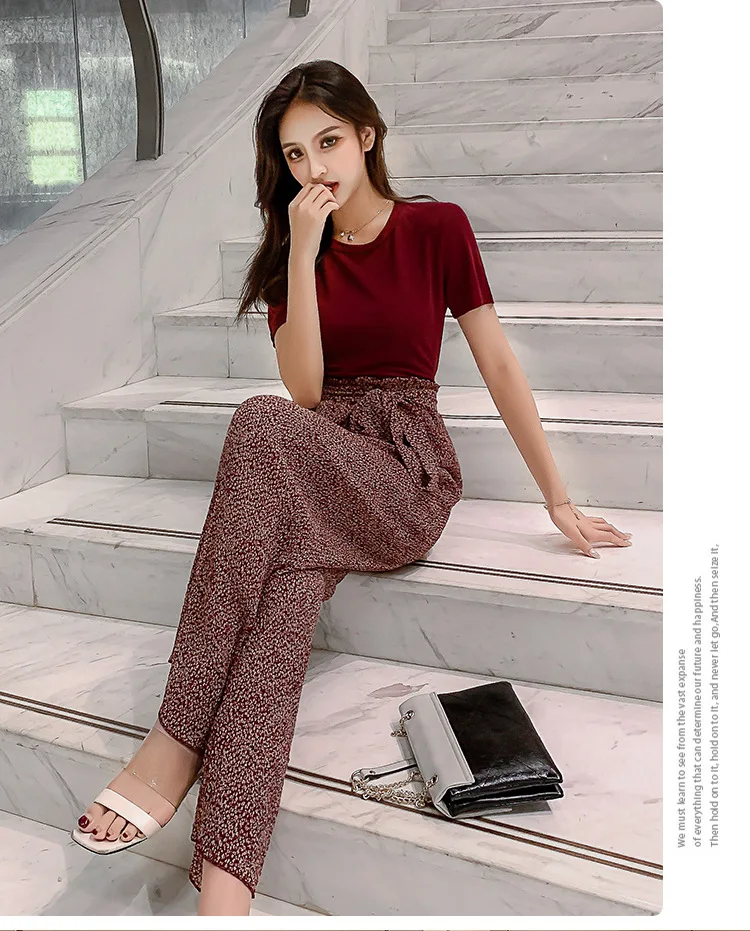 

Retro pleated elastic waist lace-up suit summer 2020Korean casual simple round neck trouser suit T-shirt short sleeve