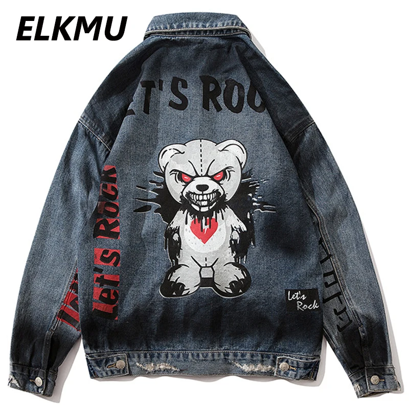 ELKMU винтажный зловещий медведь печать джинсовая куртка уличная джинсы хараюку