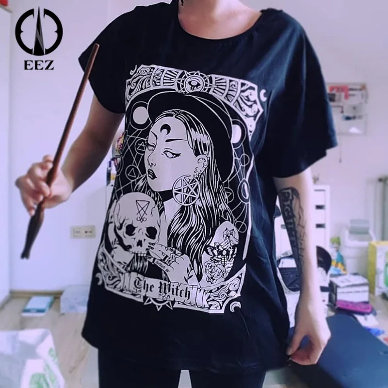 

Gothic Short Sleeve O-Neck T Shirt Women Fashion Black Witch Printed Streetwear T-shirt Casual Loose Women's Summer fairy grunge