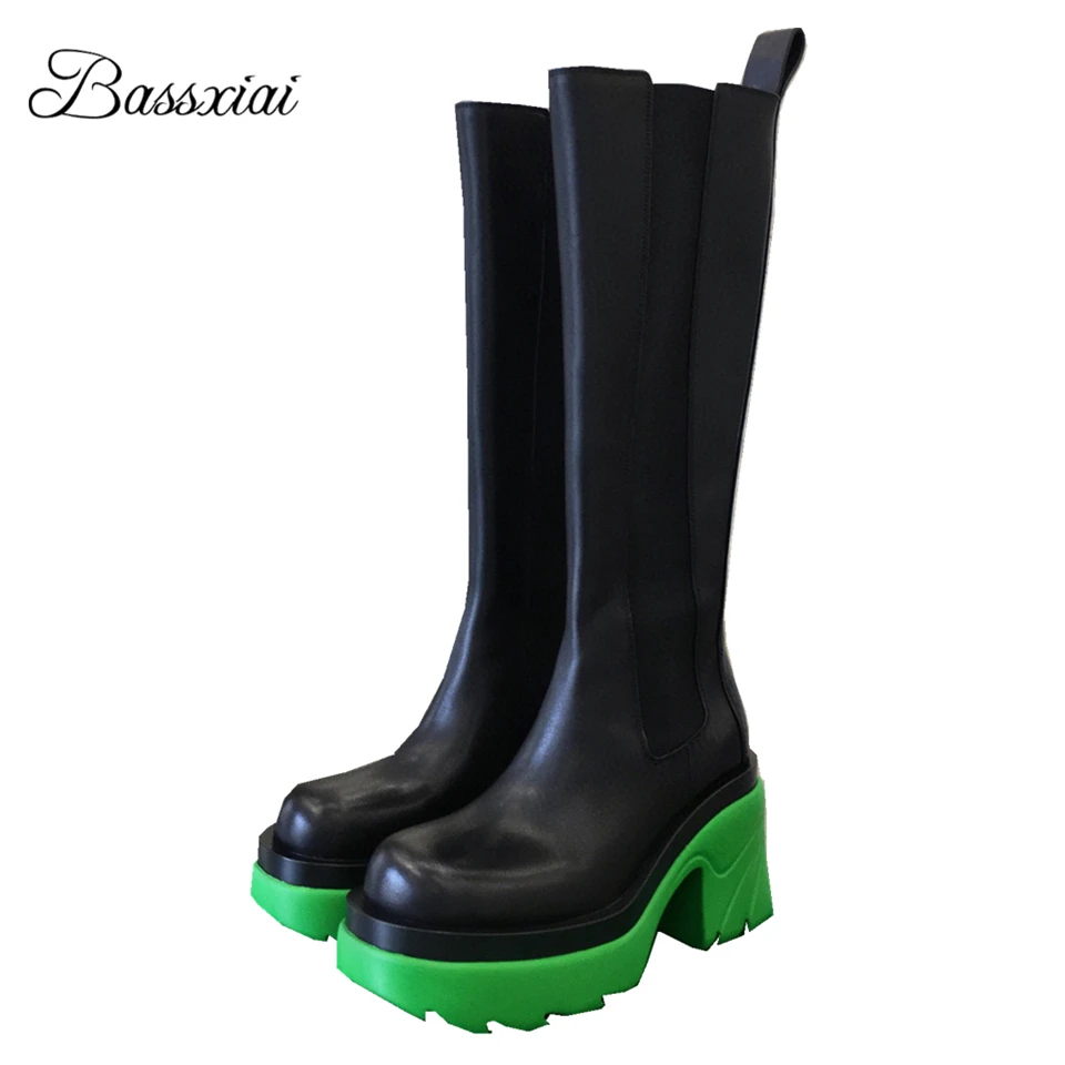 

Stretch Elastic Band Knee-high Boots Women Round Toe Genuine Leather Autumn Winter Slip-on Runway Botas Mujer