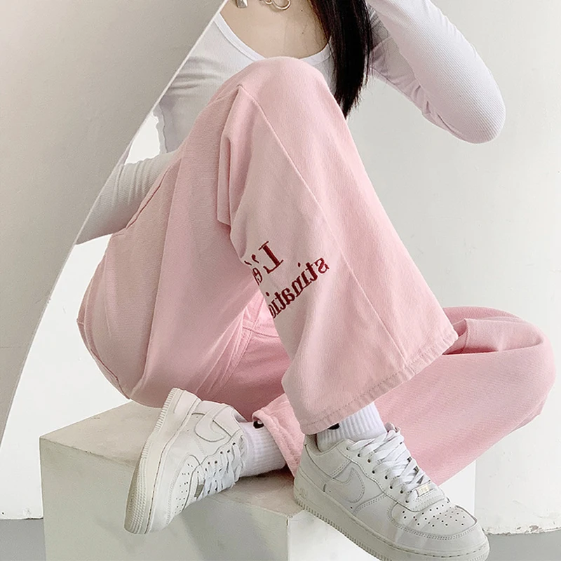 

CHICEVER Pink Embroidery Letter Women's Pants High Waist Full Length Colorblock Wide Leg Denim Pants For Women 2021 Autumn Style