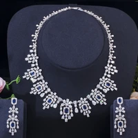 threegraces luxury blue cubic zirconia white gold color long dangle earrings necklace bridal wedding jewelry set for women tz644