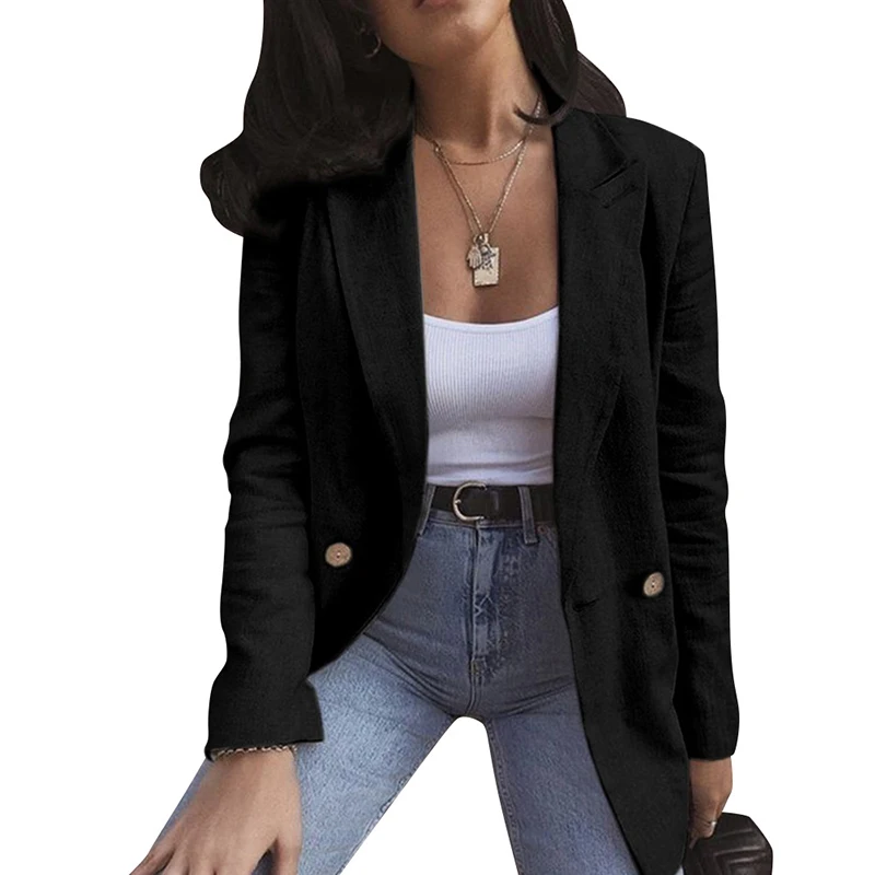 Женский блейзер однотонный осенне-зимний свободный с длинным рукавом Деловой