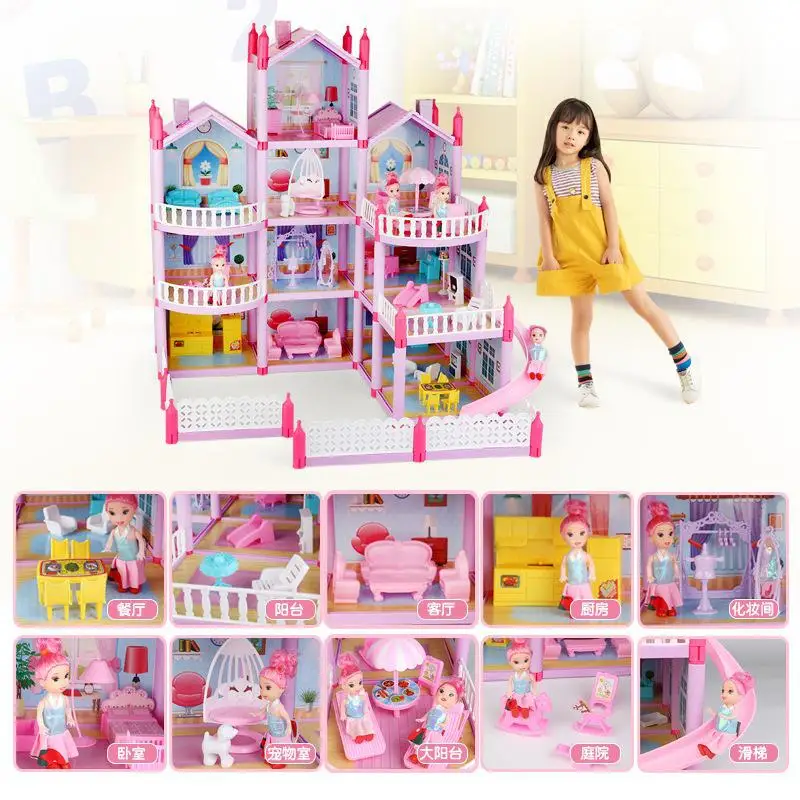 large size assembled diy cottage lighting villa model montessori 3d puzzle doll house set family castle villa children toys gift free global shipping