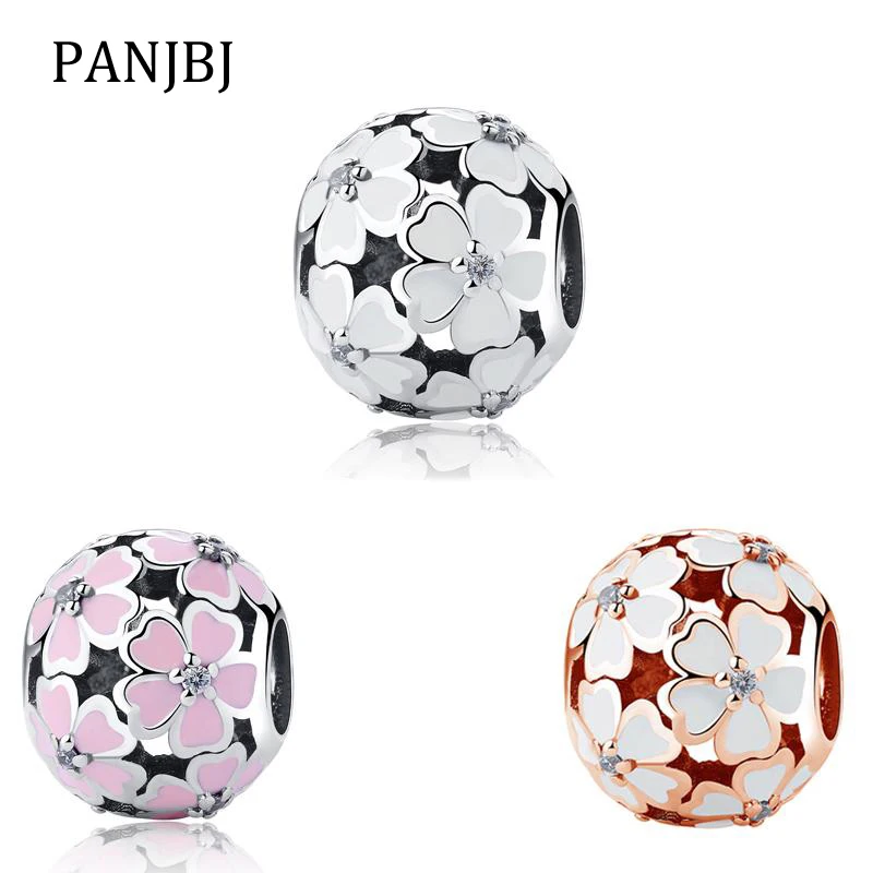 Новый оригинальный 925 стерлингового серебра бисера белого и розового цвета эмаль