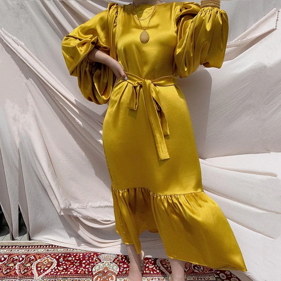 

Lugentolo Fashion Muslim Elegant Maxi Dresses for Women Puff Long Sleeve Round Neck Sashes Woman Dress
