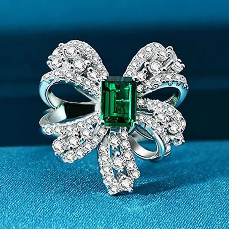 

100% Silver 925 5x7mm Emerald Created Moissanite Bowknot Rings Wedding Engagement Bands Fine Jewelry Ring For Women
