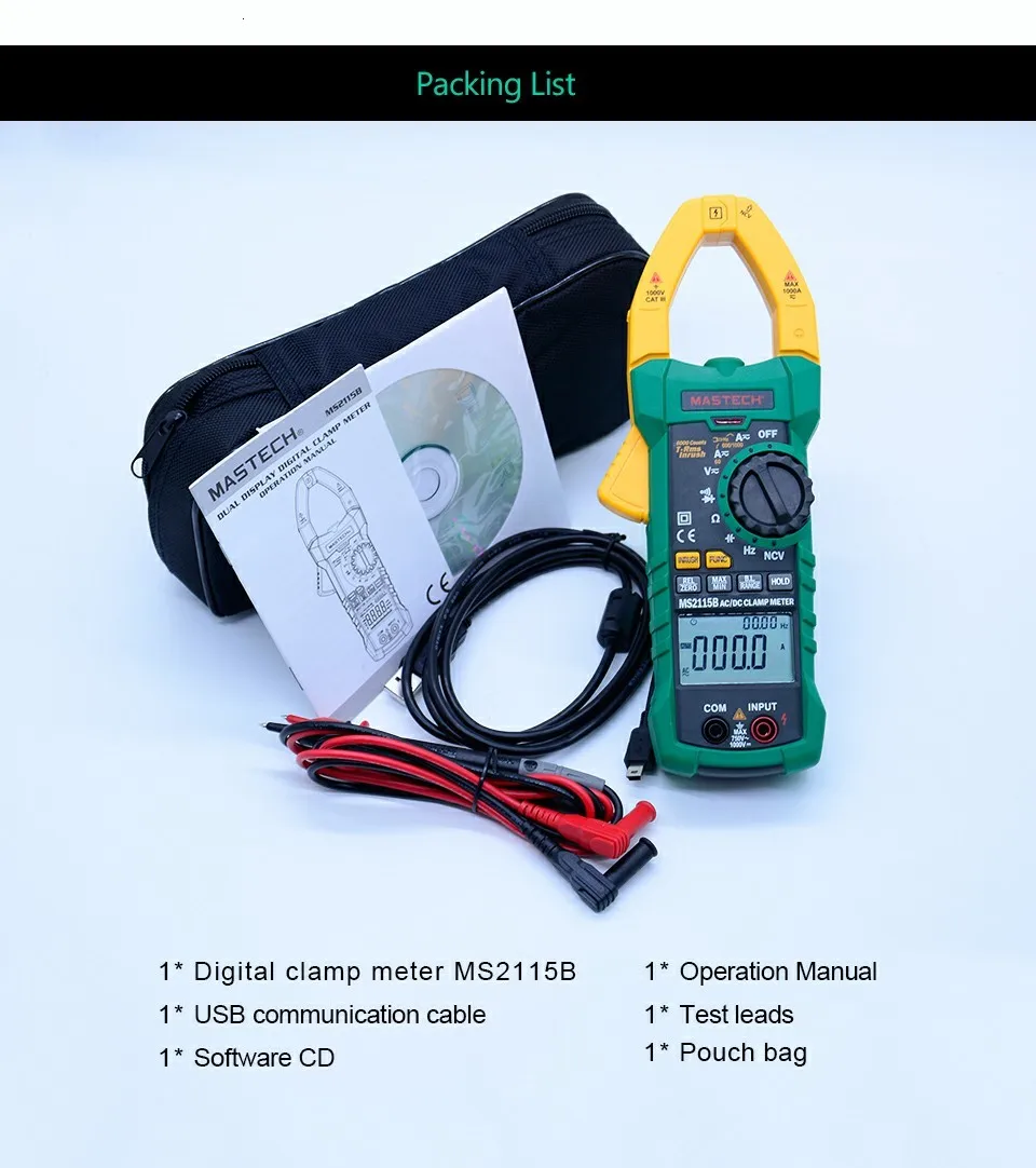 MASTECH MS2115B цифровой AC/DC клещи с 6000 счетами NCV True RMS AC/DC напряжение тока тестер детектор с USB