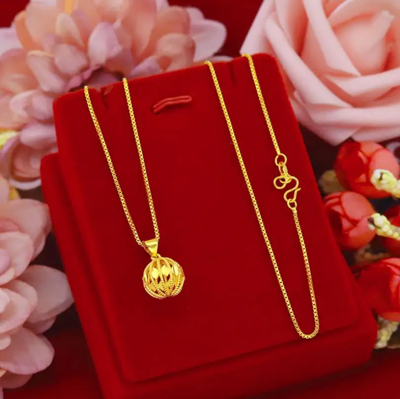 

long no fade Simple 24K Gold Necklace Women Wedding Jewelry Charms Hollow Ball Pendant with Chain for Girlfriend Birthday Gift
